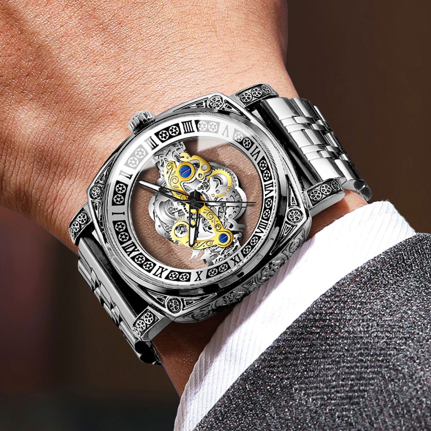 Genuine Retro Carved Tourbillon Watch Men's Automatic Luminous Hollow Watch Fashion Sports Non-mechanical Watch