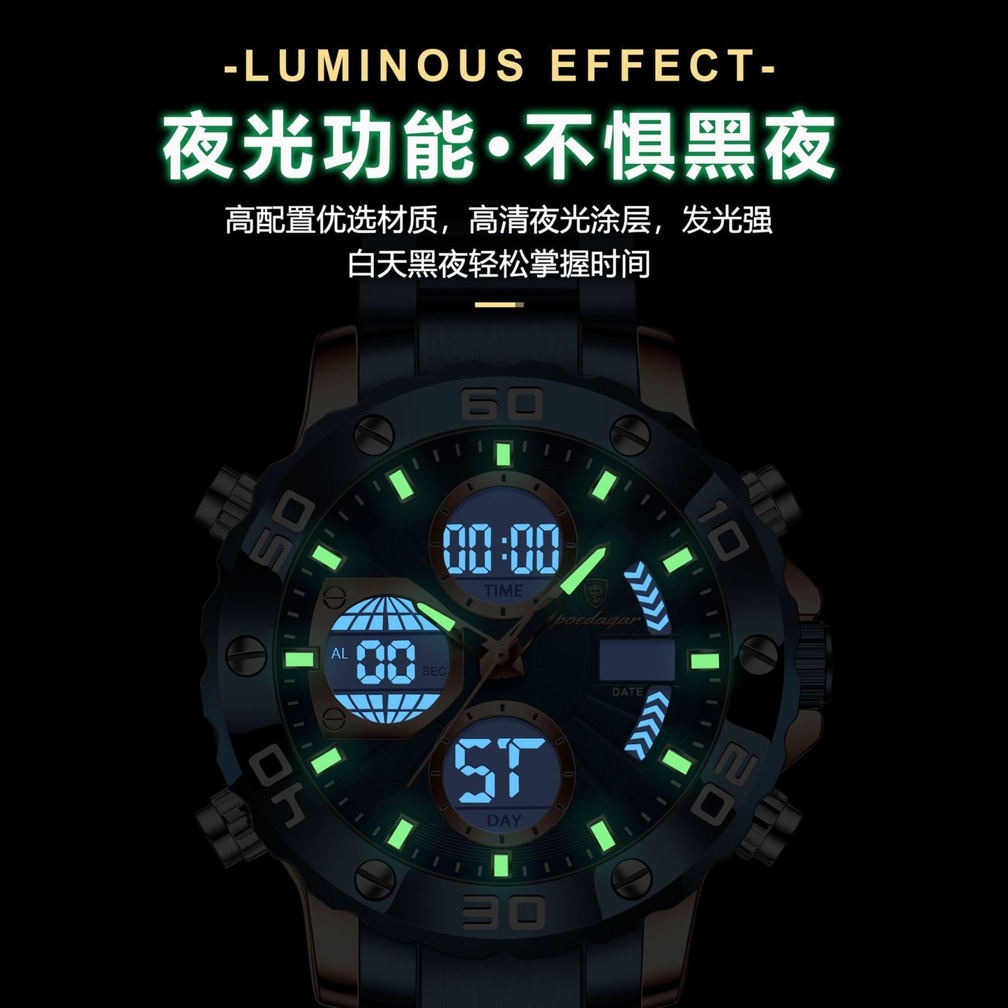 POEDAGAR New Electronic Watch Multi-functional Double Luminous Men's Watch Quartz Watch Live Foreign Trade Watch