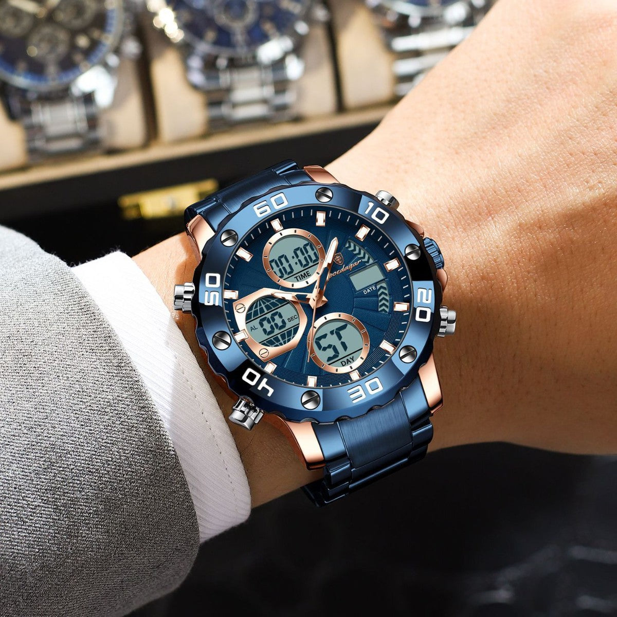 POEDAGAR New Electronic Watch Multi-functional Double Luminous Men's Watch Quartz Watch Live Foreign Trade Watch