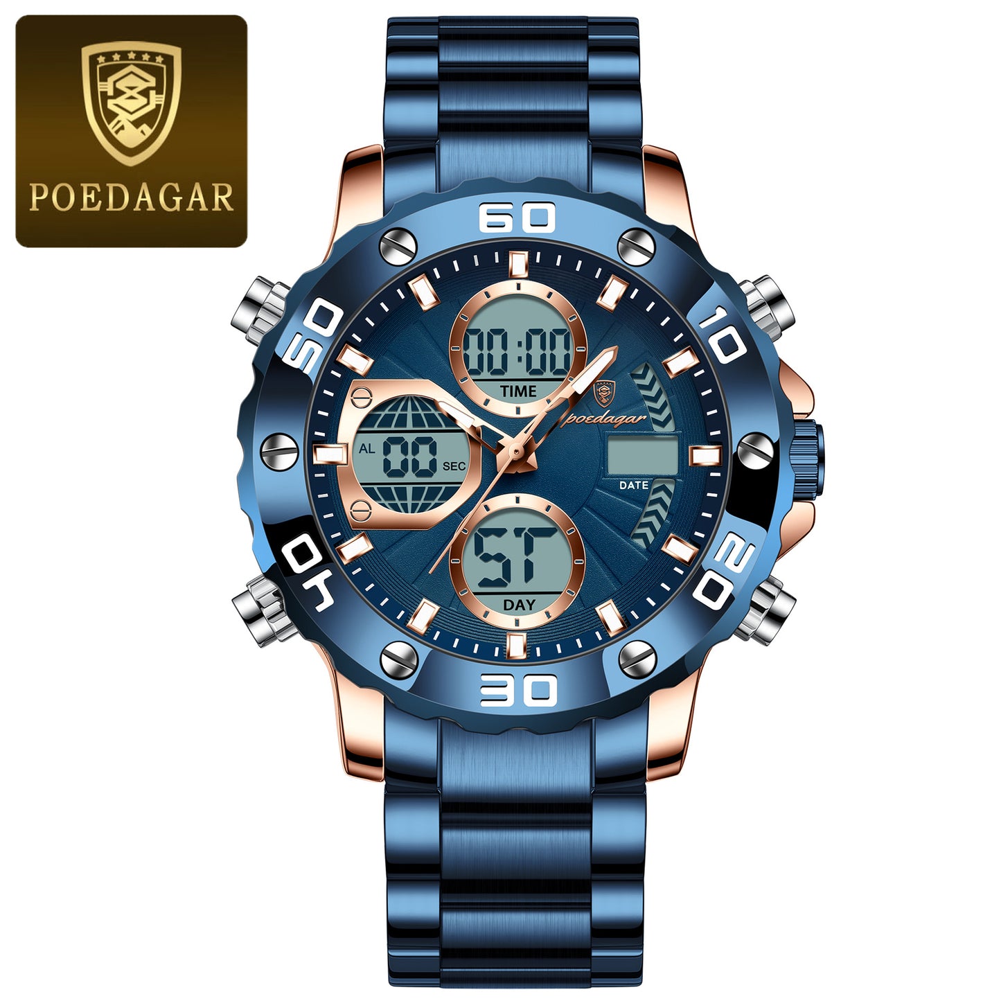 POEDAGAR New Electronic Watch Multi-functional Double Luminous Men's Watch Quartz Watch Live Foreign Trade Watch