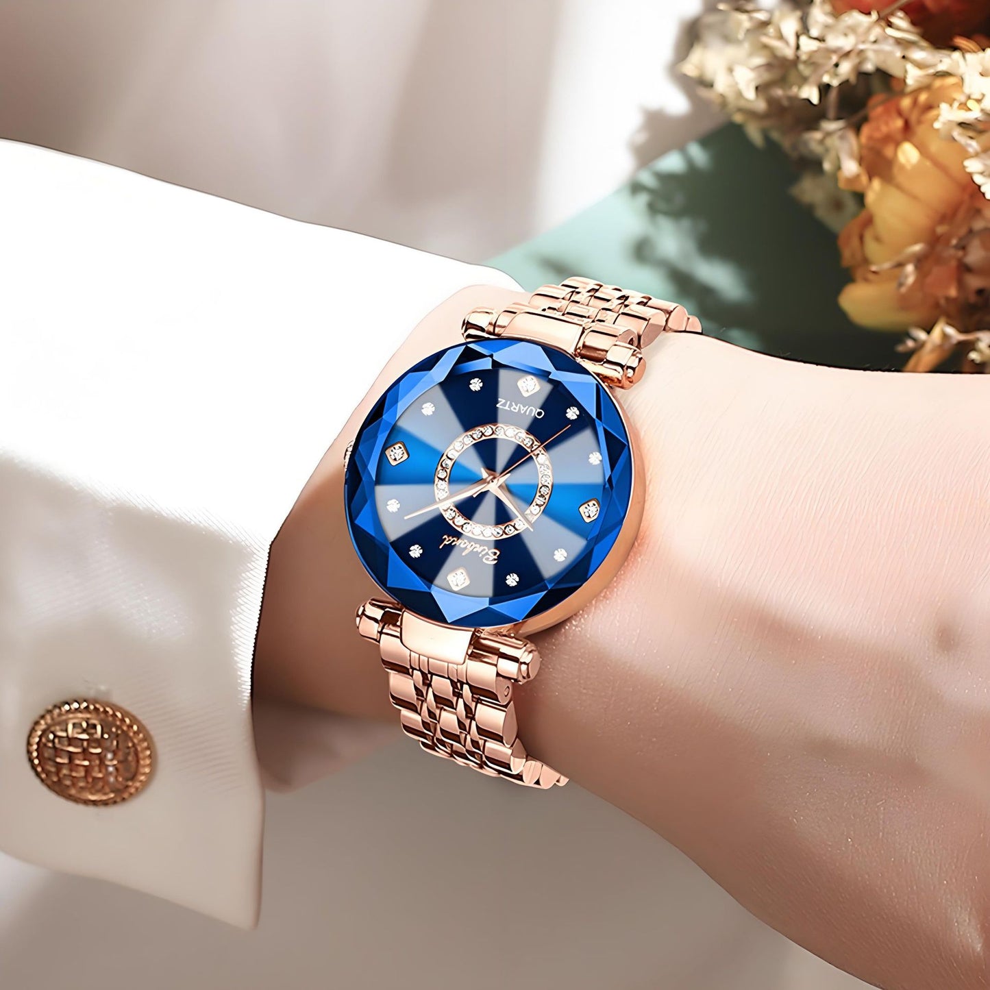 Heart Of The Sea Starry Sky Bright Multi-Angular Glass Solid Steel Strap Women's Waterproof Watch Blue Watch Light Luxury