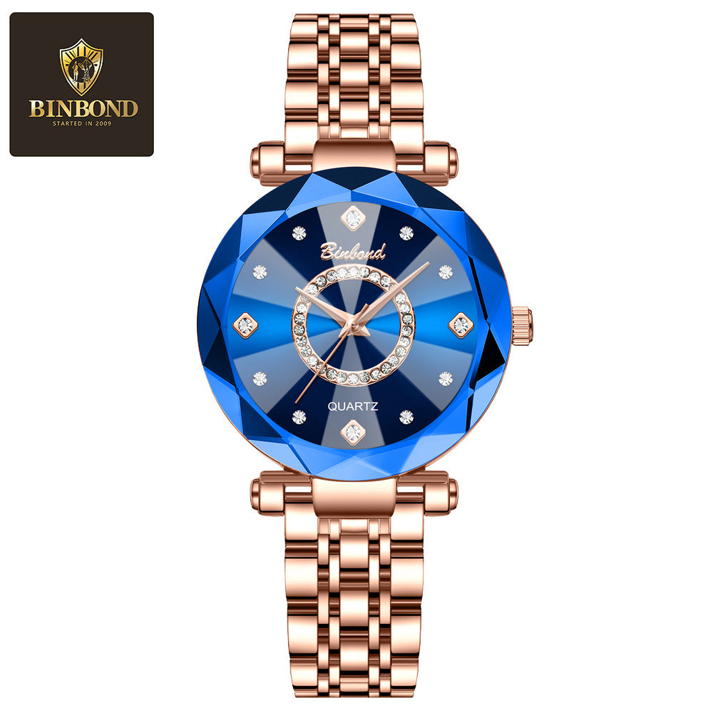 Heart Of The Sea Starry Sky Bright Multi-Angular Glass Solid Steel Strap Women's Waterproof Watch Blue Watch Light Luxury