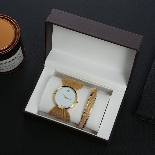 2-piece Mesh Strap Watch Gift Box Suit European And American New Style Atmospheric Broadband Women's Watch Fashion Bracelet Watch