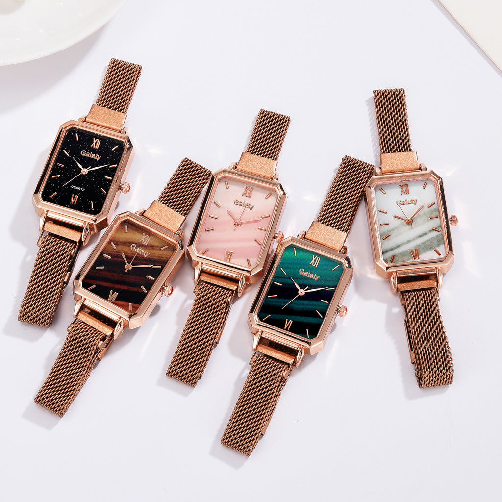 Lazy Retractable Magnet Buckle Peacock Green Elegant Ladies Mesh Belt Small Square Watch Korean Version Simple Bracelet Combination Set