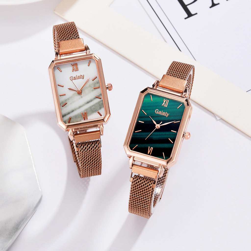 Lazy Retractable Magnet Buckle Peacock Green Elegant Ladies Mesh Belt Small Square Watch Korean Version Simple Bracelet Combination Set