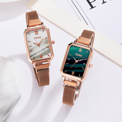 Lazy Retractable Magnet Buckle Peacock Green Elegant Ladies Mesh Belt Small Square Watch Korean Version Simple Bracelet Combination Set