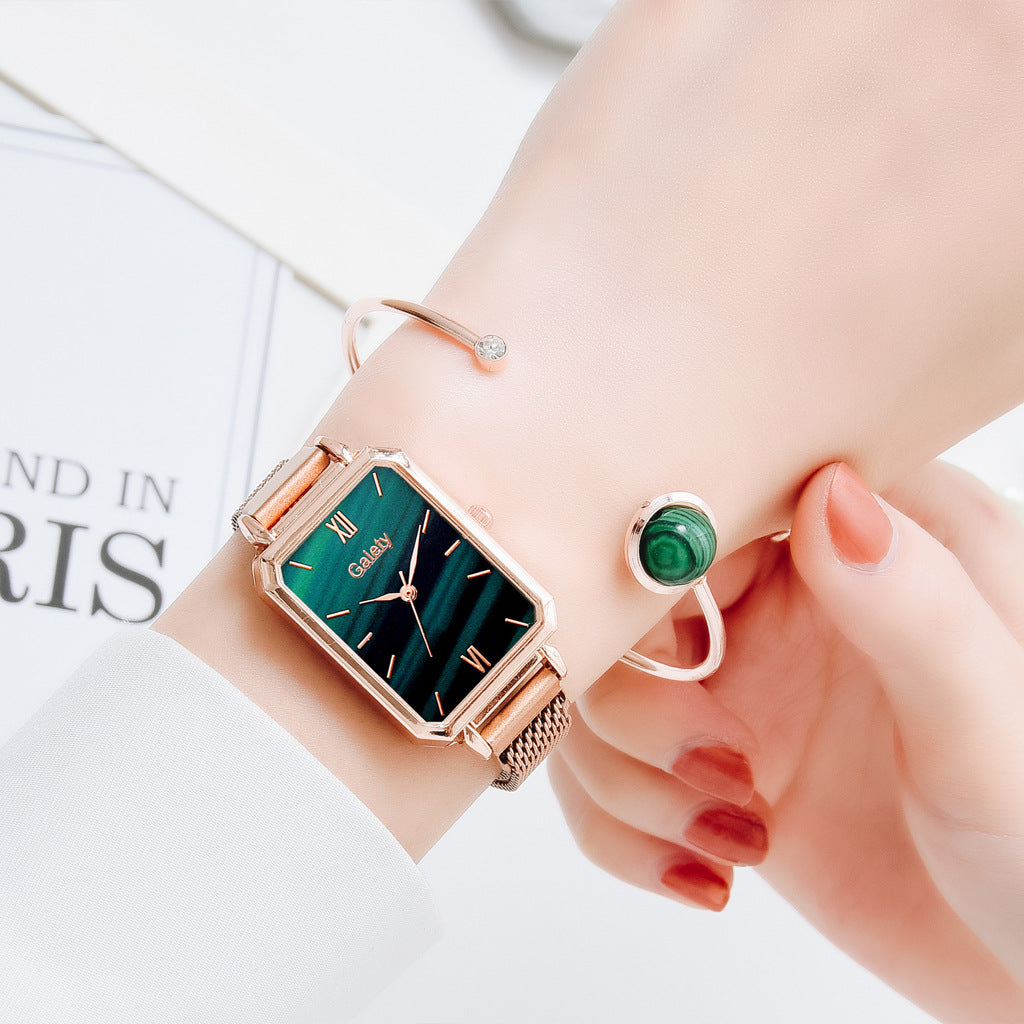 Lazy Retractable Magnet Buckle Peacock Green Elegant Ladies Mesh Belt Small Square Watch Korean Version Simple Bracelet Combination Set