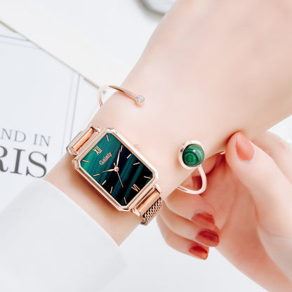 Lazy Retractable Magnet Buckle Peacock Green Elegant Ladies Mesh Belt Small Square Watch Korean Version Simple Bracelet Combination Set