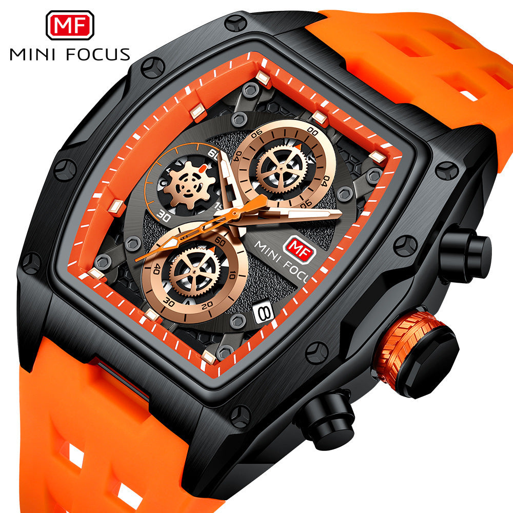 MINI FOCUS Brand Watch Track Sports Style Wine Barrel Men's Watch Curved Mirror Hollow Men's Watch 0473G