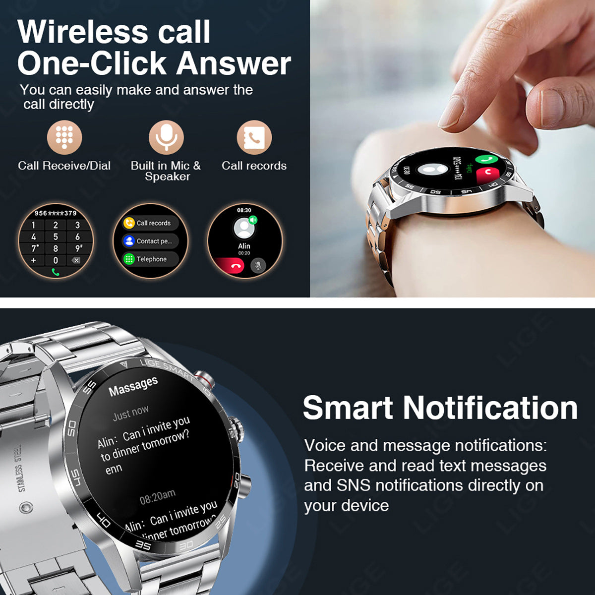 LIGE/bangwei Foreign Trade Exclusive Smart Watch Blood Pressure Heart Rate Bluetooth Multi-functional Men's Business Watch