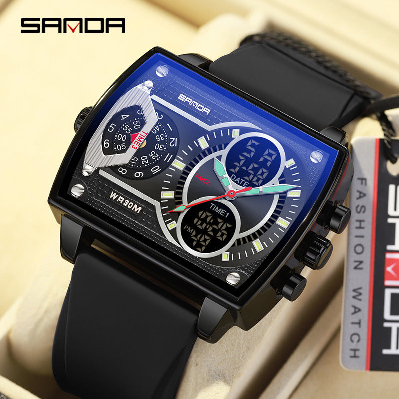 Sanda New 6032 Silicone Square Watch Fashion Sports Multi-functional Student Electronic Watch Skull Men's Watch