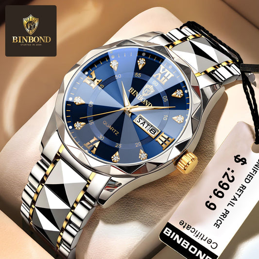 Binbang New Genuine Goods Men's Watch Calendar Week Luminous Waterproof Men's Watch Fashion Diamond Mirror Watch Quartz