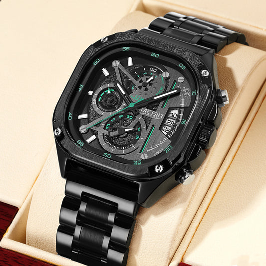 MEGIR New Men's Square Steel Band Butterfly Buckle Wholesale Cross-border Luminous Waterproof Watch Multi-function Watch