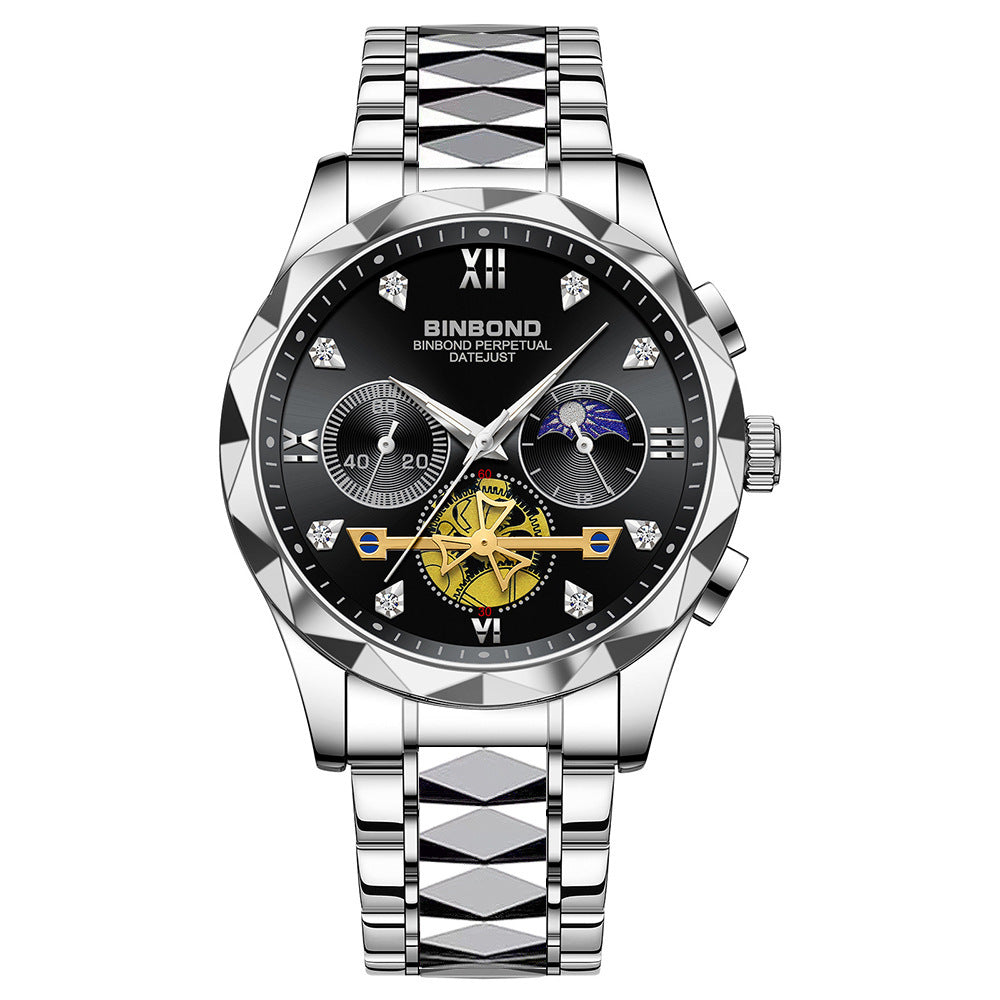 Binbang New Series Multifunctional Quartz Watch All-match Fashionable Watch Six-pin Chronograph Casual Trendy Men's Tungsten Steel Color