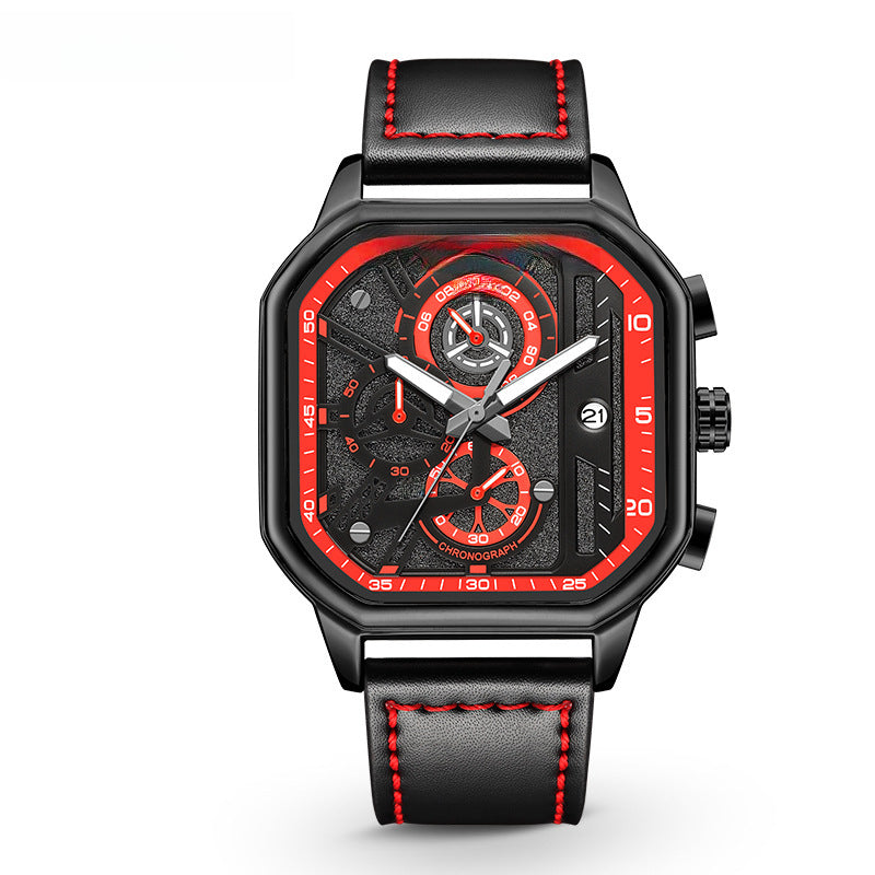 New Megir Square Watch Trendy Multifunctional Chronograph Quartz Watch Men's Genuine Leather Men's Watch 8106