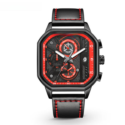 New Megir Square Watch Trendy Multifunctional Chronograph Quartz Watch Men's Genuine Leather Men's Watch 8106