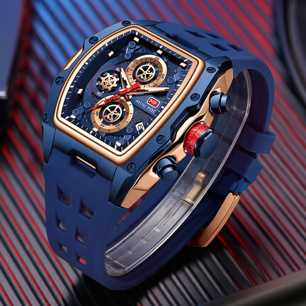 MINI FOCUS Brand Watch Track Sports Style Wine Barrel Men's Watch Curved Mirror Hollow Men's Watch 0473G