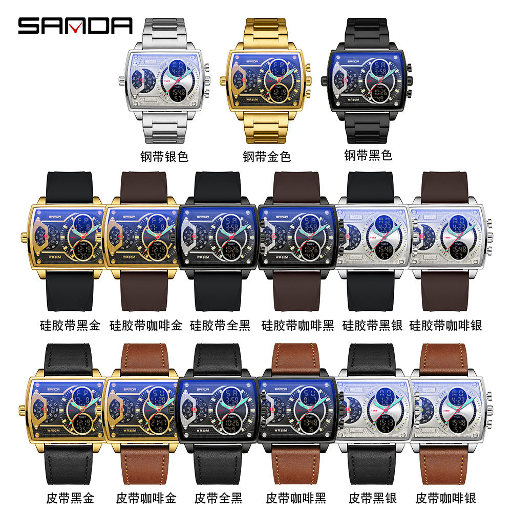 Sanda New 6032 Silicone Square Watch Fashion Sports Multi-functional Student Electronic Watch Skull Men's Watch