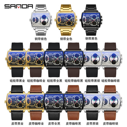Sanda New 6032 Silicone Square Watch Fashion Sports Multi-functional Student Electronic Watch Skull Men's Watch