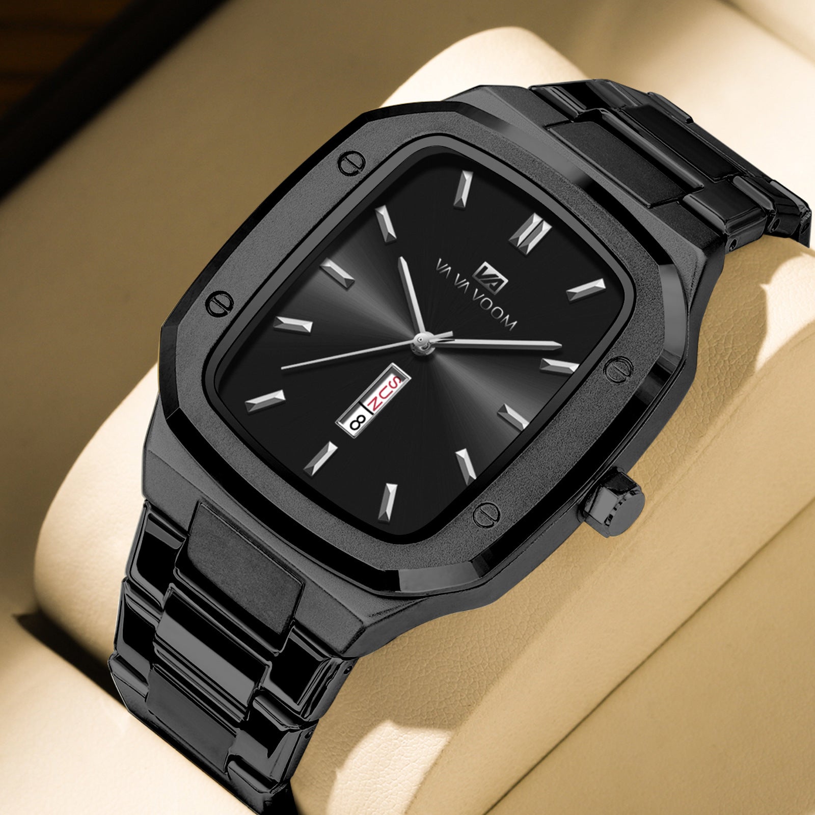 2025 New Va Va Voom Business Rectangular Dial Waterproof Creative Double Calendar Steel Band Men's Watch