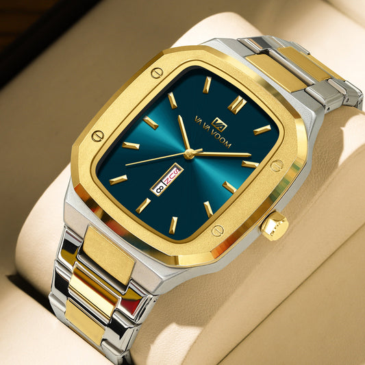 2025 New Va Va Voom Business Rectangular Dial Waterproof Creative Double Calendar Steel Band Men's Watch