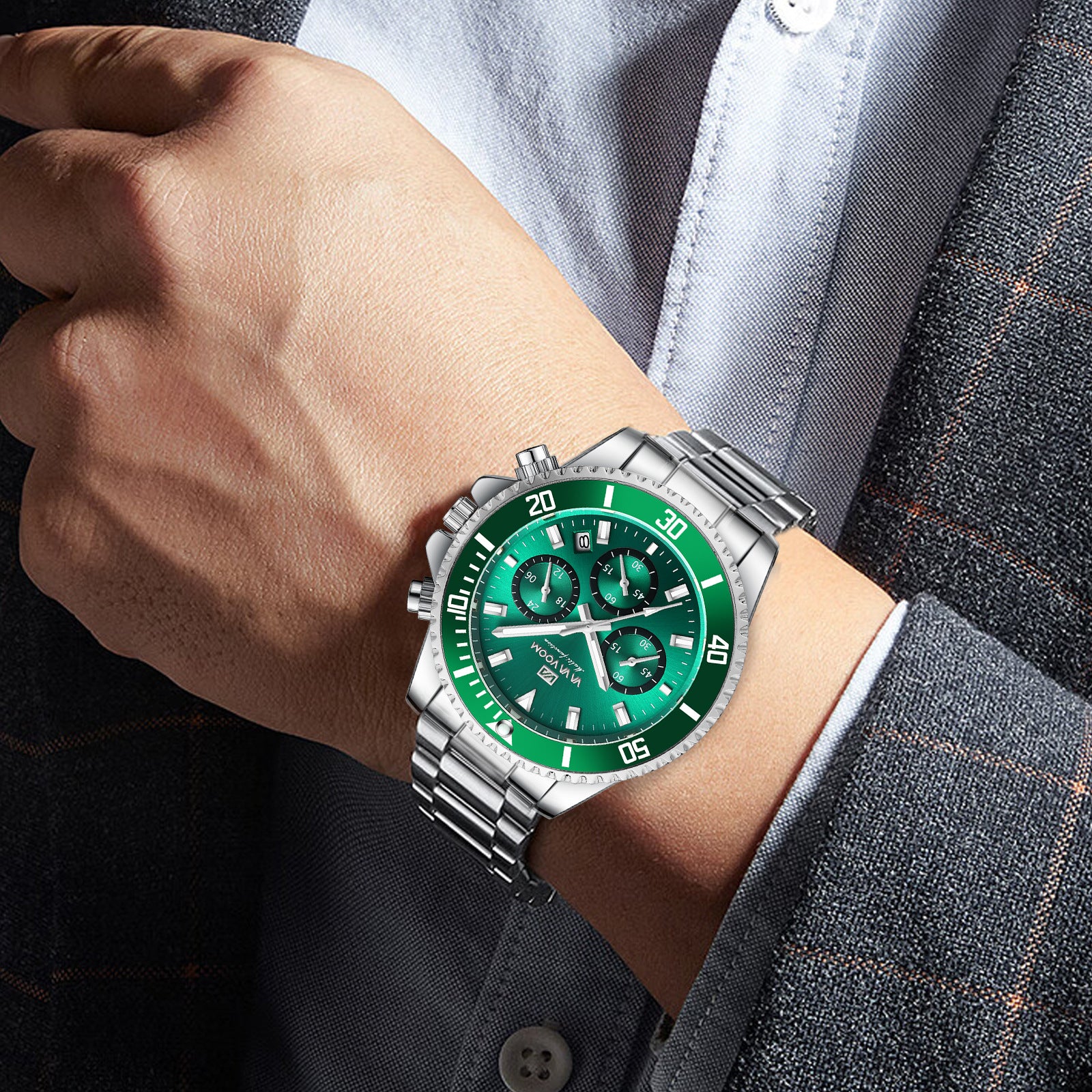 VAVAVOOM Brand New Multi-functional Chronograph Three-eye Quartz Watch Waterproof Luminous Green Water Ghost Men's Watch