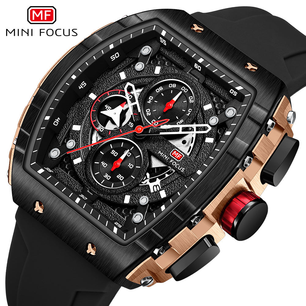 MINI FOCUS Brand Watch Outdoor Wind Wine Barrel Men's Watch Arc Mirror Gradient Hollow Men's Watch 0399G