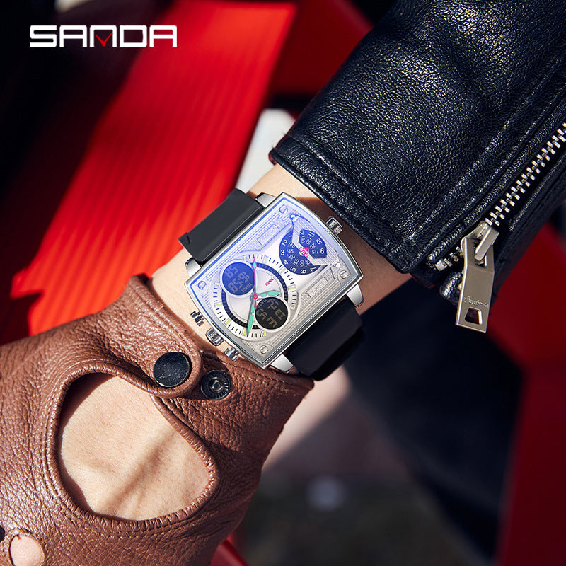 Sanda New 6032 Silicone Square Watch Fashion Sports Multi-functional Student Electronic Watch Skull Men's Watch