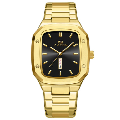 2025 New Va Va Voom Business Rectangular Dial Waterproof Creative Double Calendar Steel Band Men's Watch