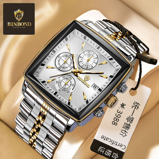 Binbang Watch Cross-border Multi-functional Small Three-pin Watch Men's Business Steel Band Quartz Watch Fashion Three-eye Six-pin Watch