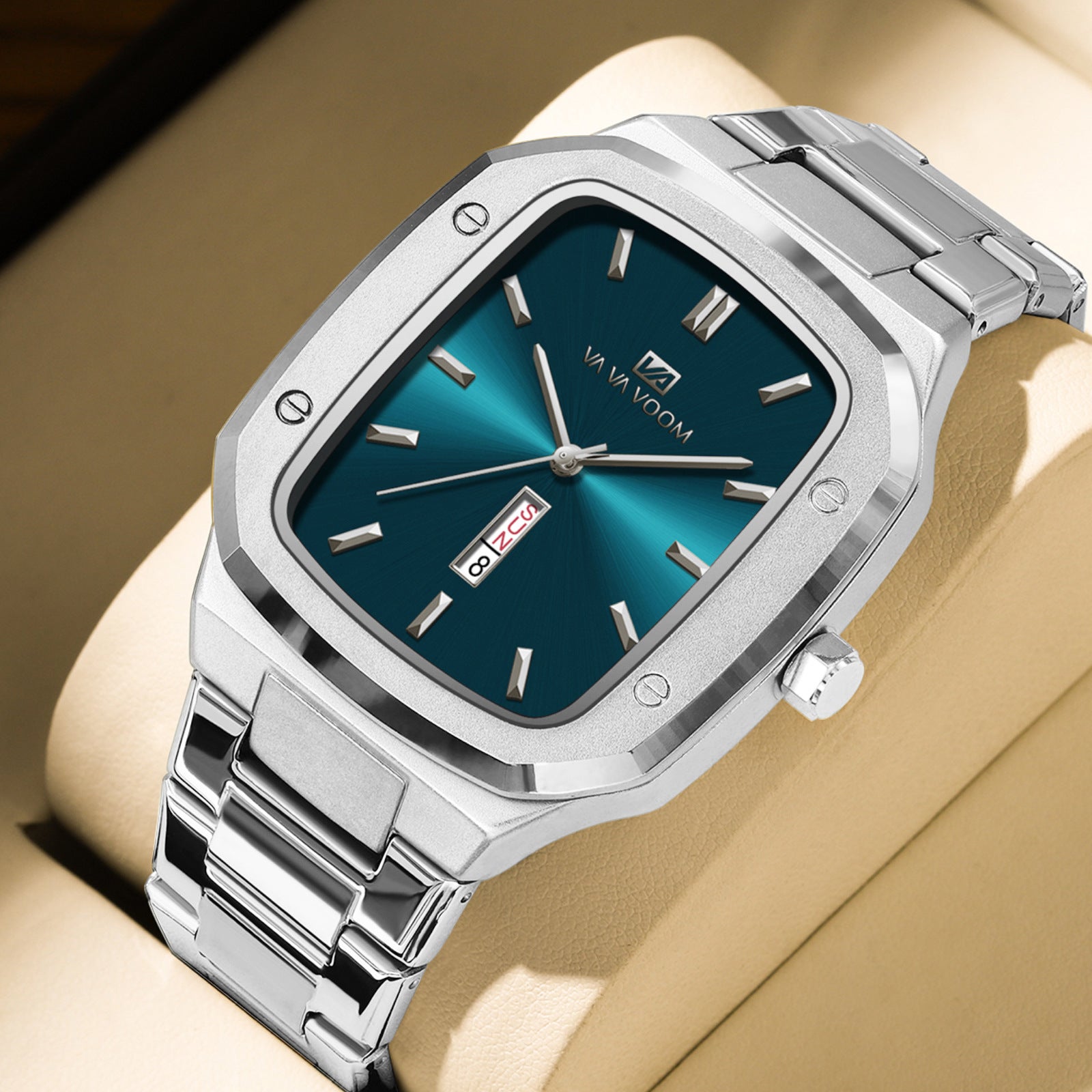 2025 New Va Va Voom Business Rectangular Dial Waterproof Creative Double Calendar Steel Band Men's Watch