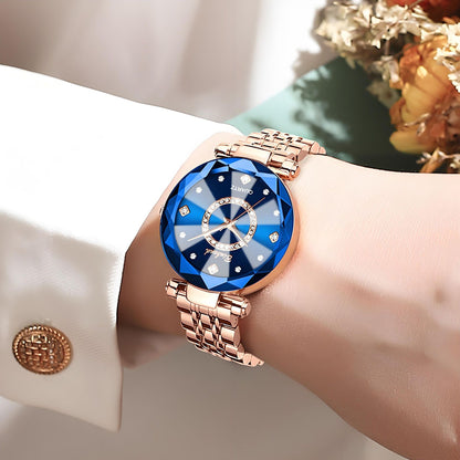 Heart Of The Sea Starry Sky Bright Multi-Angular Glass Solid Steel Strap Women's Waterproof Watch Blue Watch Light Luxury