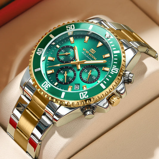 VAVAVOOM Brand New Multi-functional Chronograph Three-eye Quartz Watch Waterproof Luminous Green Water Ghost Men's Watch