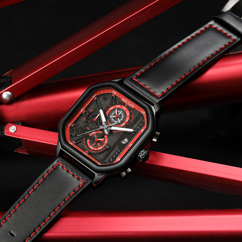 New Megir Square Watch Trendy Multifunctional Chronograph Quartz Watch Men's Genuine Leather Men's Watch 8106