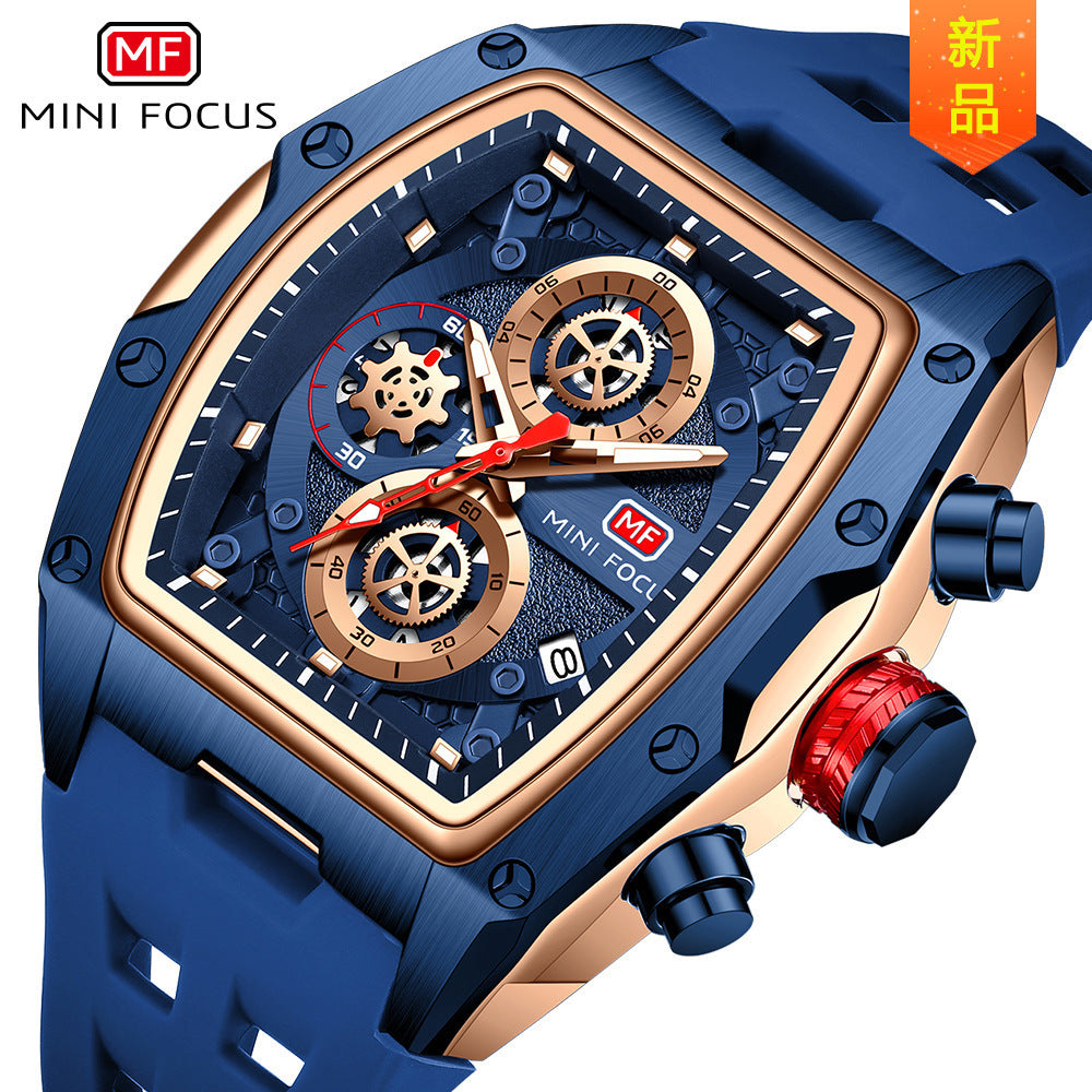 MINI FOCUS Brand Watch Track Sports Style Wine Barrel Men's Watch Curved Mirror Hollow Men's Watch 0473G