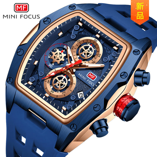MINI FOCUS Brand Watch Track Sports Style Wine Barrel Men's Watch Curved Mirror Hollow Men's Watch 0473G