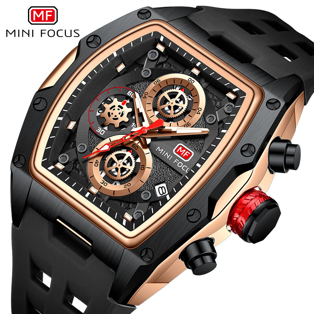 MINI FOCUS Brand Watch Track Sports Style Wine Barrel Men's Watch Curved Mirror Hollow Men's Watch 0473G