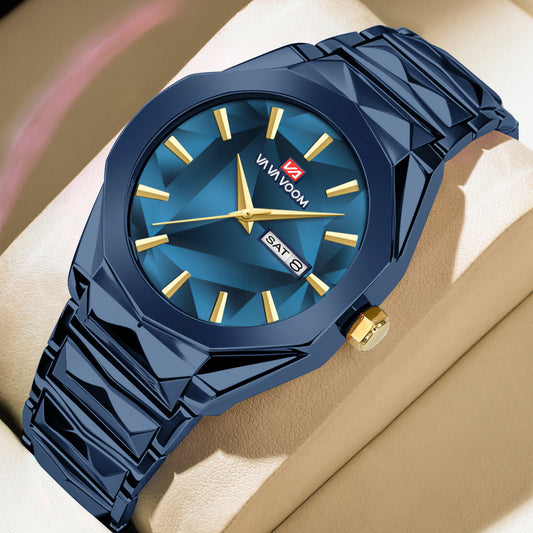Cross-border New Double Calendar Waterproof Stainless Steel Band Watch Business Casual Men's Stainless Steel Watch Color Changing Dial