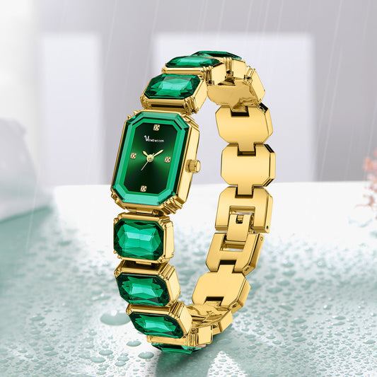 Cross-border Diamond-encrusted Fashion Women's Watch Small Green Square Dial Quartz Watch Women's Temperament Personalized Watch Women