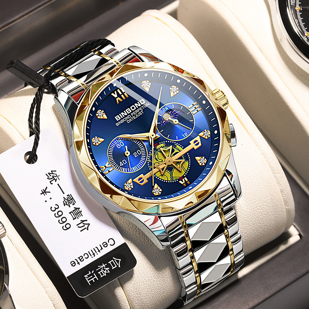 Binbang New Series Multifunctional Quartz Watch All-match Fashionable Watch Six-pin Chronograph Casual Trendy Men's Tungsten Steel Color