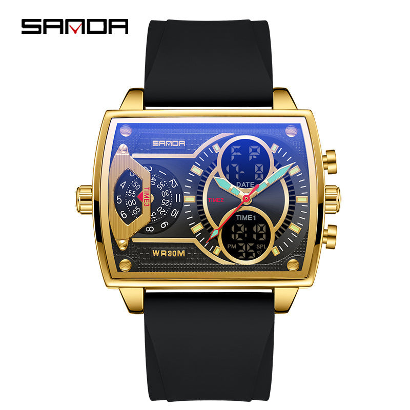 Sanda New 6032 Silicone Square Watch Fashion Sports Multi-functional Student Electronic Watch Skull Men's Watch