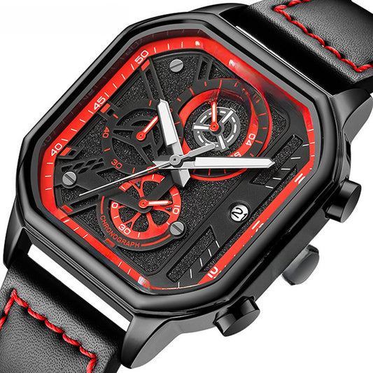 New Megir Square Watch Trendy Multifunctional Chronograph Quartz Watch Men's Genuine Leather Men's Watch 8106