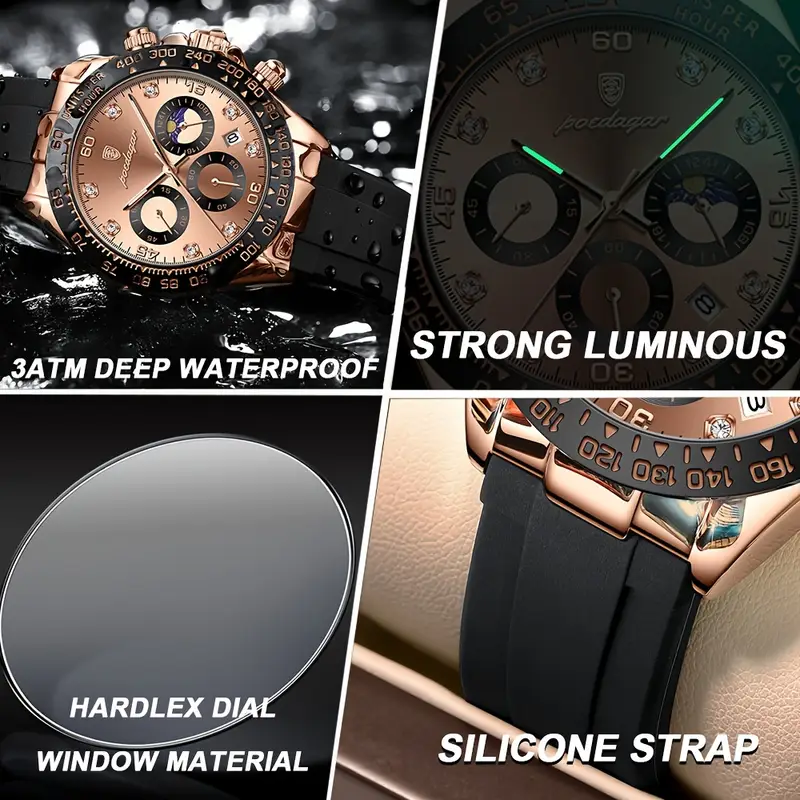 POEDAGAR 'S Waterproof Quartz Watch - Rose Golden, Luminous Calendar & Timer, Silicone Strap, Business Fashion Style, Ideal for Students & Professionals