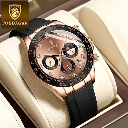 POEDAGAR 'S Waterproof Quartz Watch - Rose Golden, Luminous Calendar & Timer, Silicone Strap, Business Fashion Style, Ideal for Students & Professionals