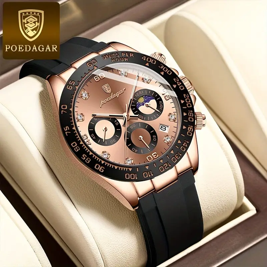 POEDAGAR 'S Waterproof Quartz Watch - Rose Golden, Luminous Calendar & Timer, Silicone Strap, Business Fashion Style, Ideal for Students & Professionals